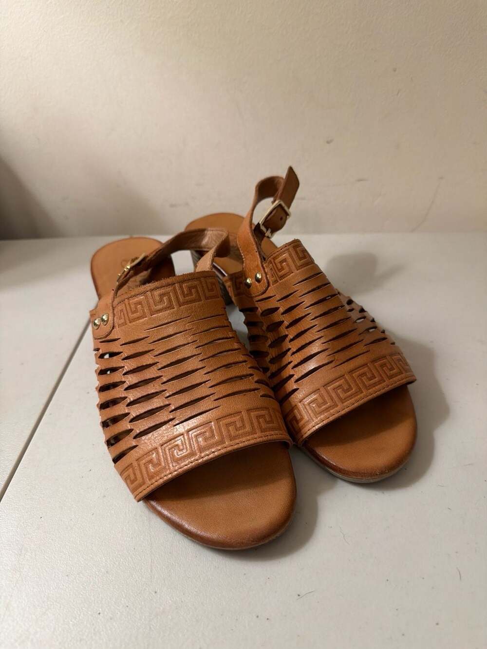 Summer Sandals Tan Leather Woven Slingback Heeled Biza Olivia 7.5